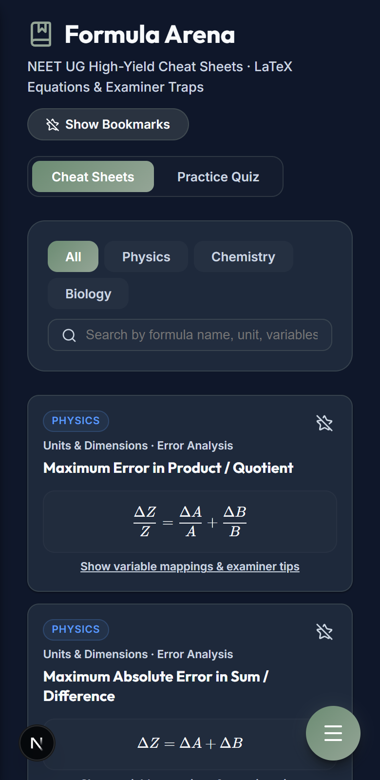 MEDNEET Formulas Sheet Screenshot